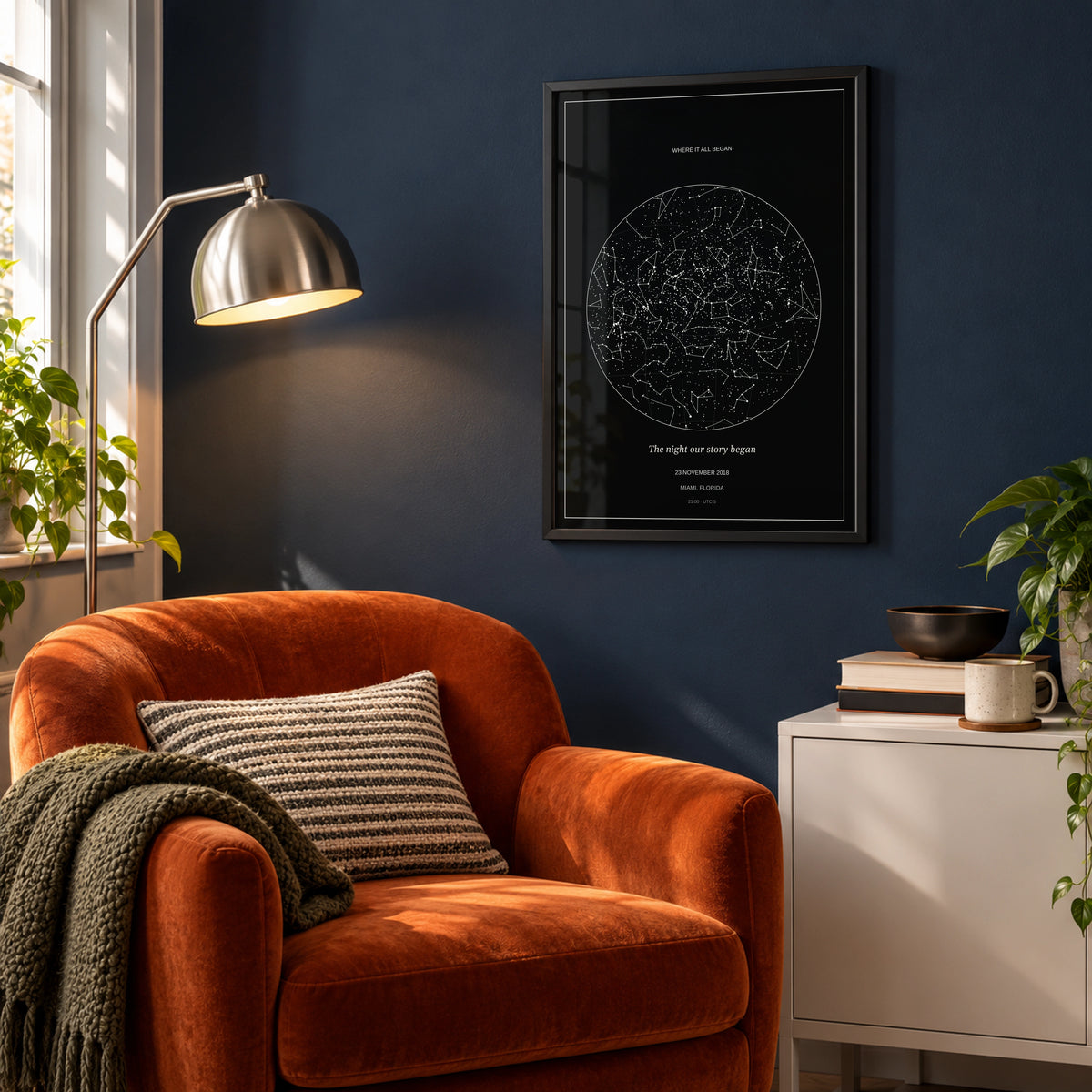 Custom Star Map in a city-apartment reading corner, black frame