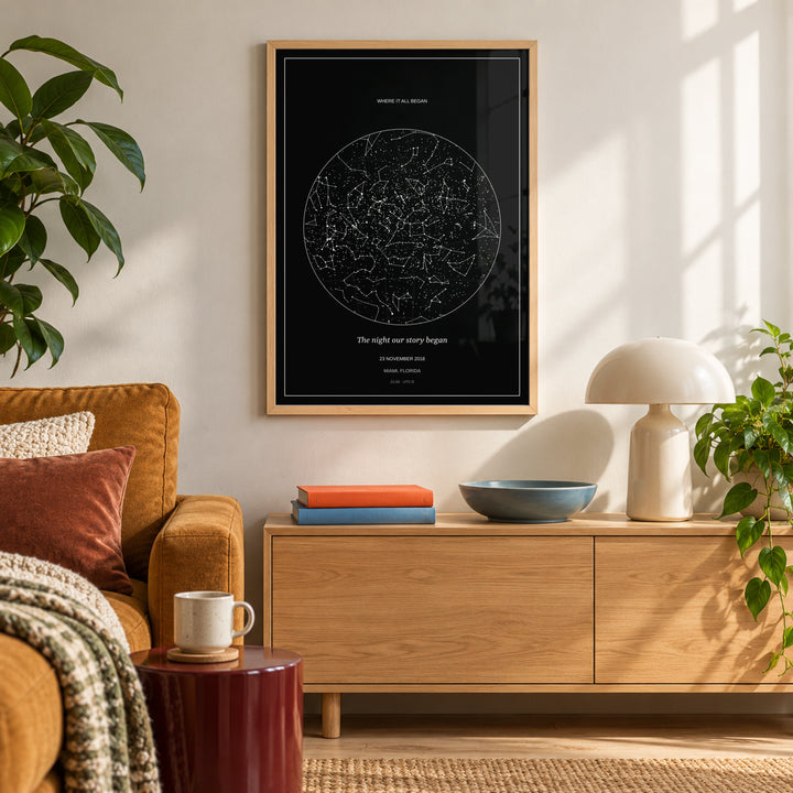Custom Star Map in a colourful modern living room, natural wood frame