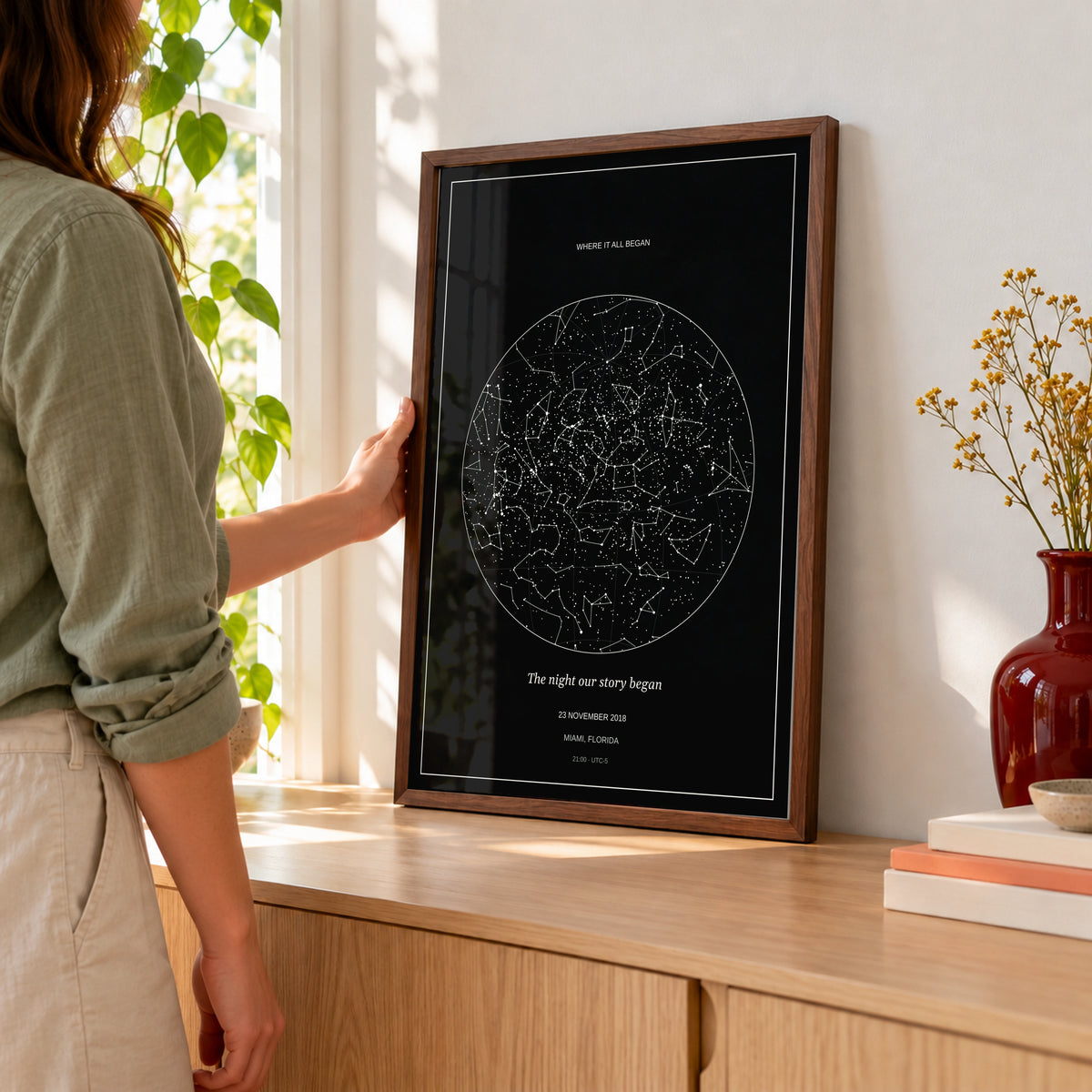 Custom Star Map in a placing the print at home, dark wood frame