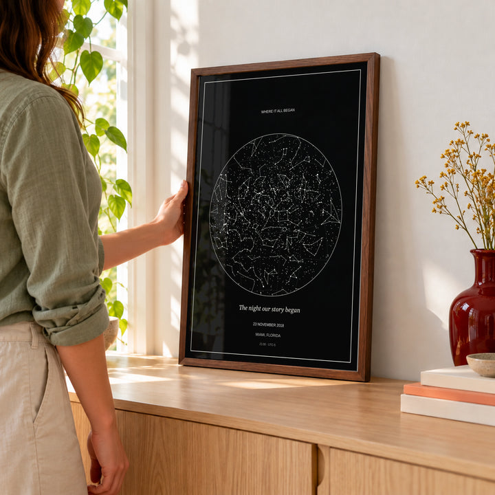 Custom Star Map in a placing the print at home, dark wood frame