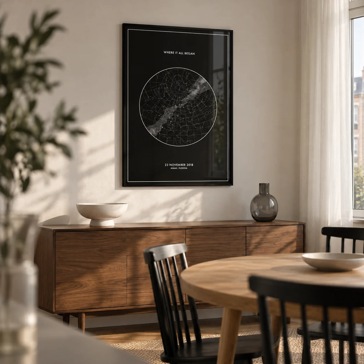 Custom Star Map, framed on the wall of a modern dining area in a UK city flat
