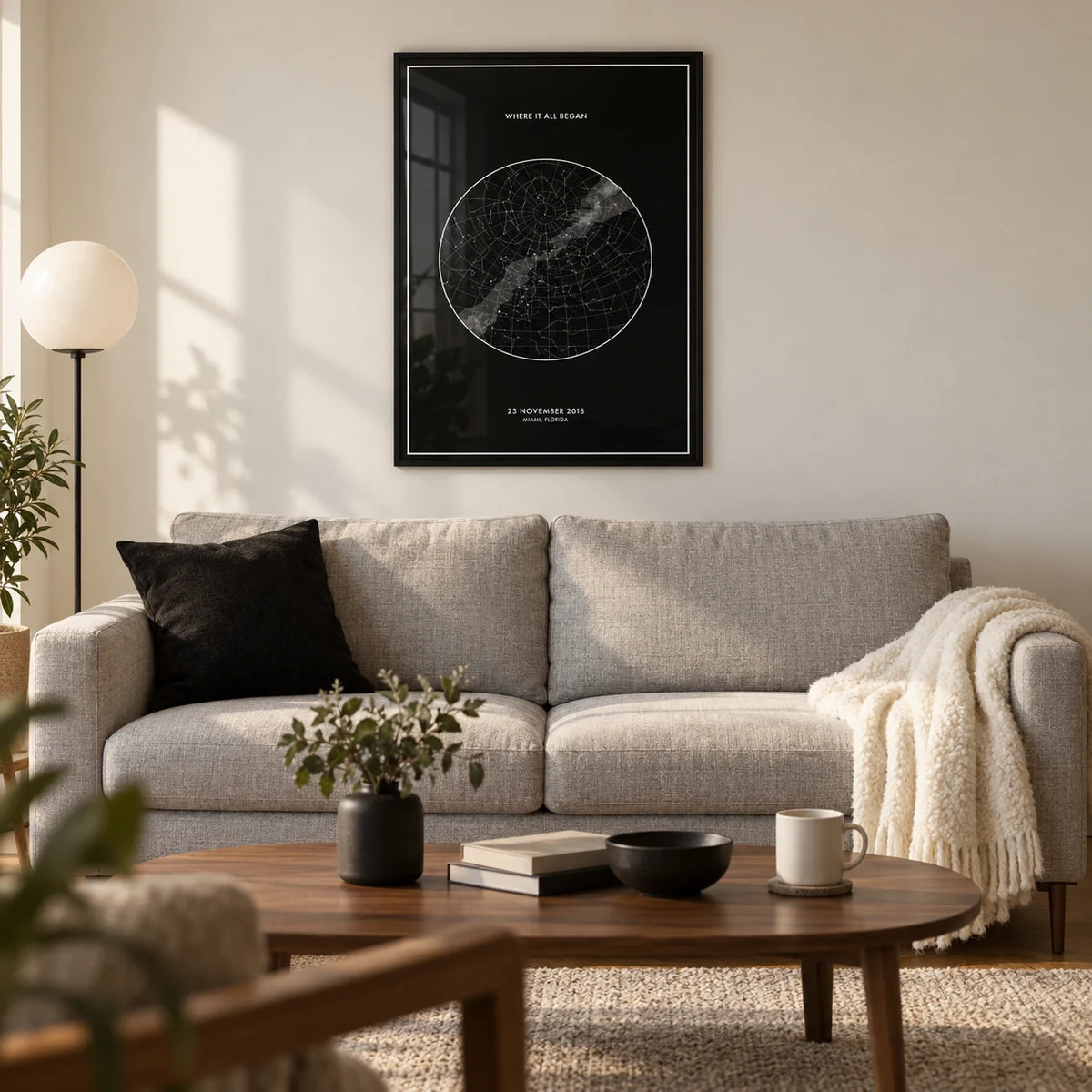 Custom Star Map, framed on the wall of a modern living room in a couple's UK first flat (25-35)