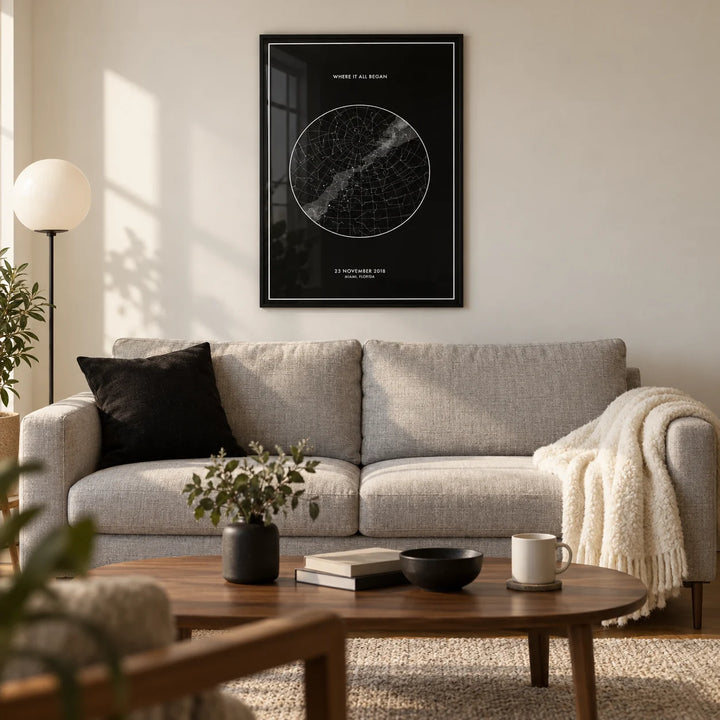 Custom Star Map, framed on the wall of a modern living room in a couple's UK first flat (25-35)