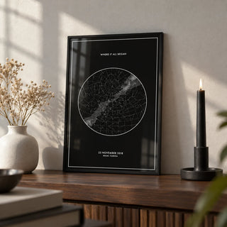 Custom Star Map, a small A4 framed print leaning on a walnut shelf in a living room