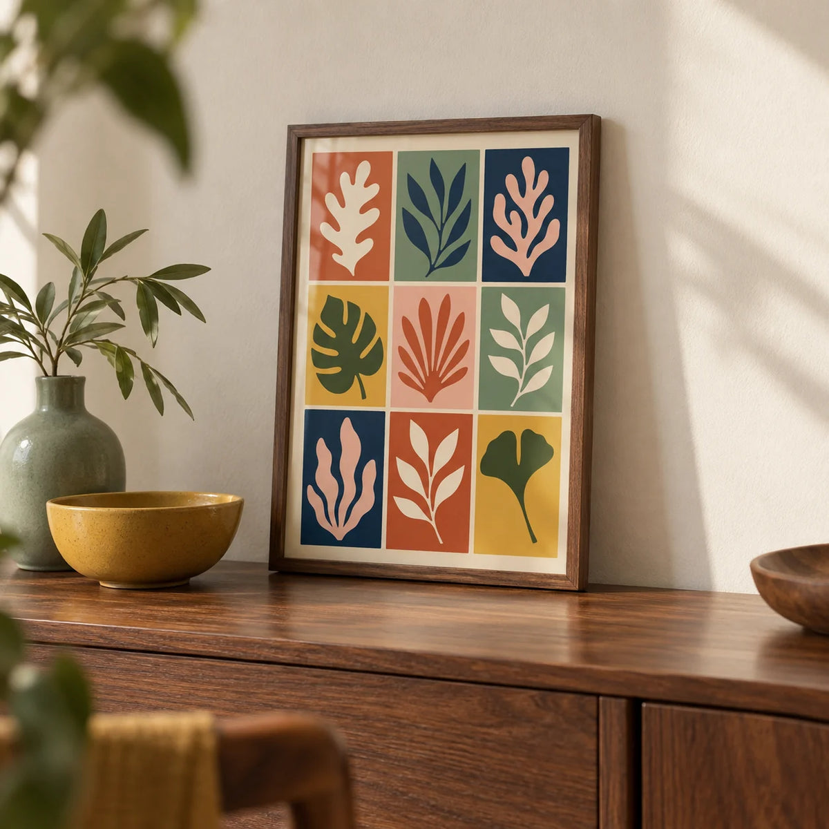 Cut Out Print, a small A4 framed print leaning on a walnut sideboard in a living room