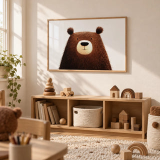 Cute Bear Art Print, framed on the wall of a calm playroom with a warm white wall
