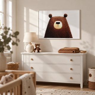 Cute Bear Art Print, framed on the wall of a light nursery