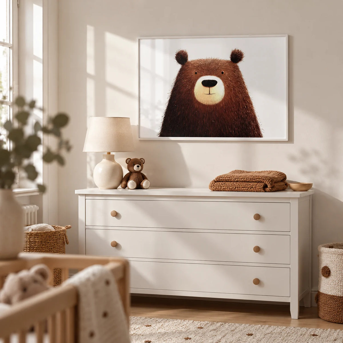 Cute Bear Art Print, framed on the wall of a light nursery