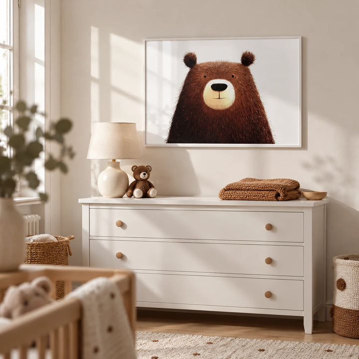 Cute Bear Art Print, framed on the wall of a light nursery