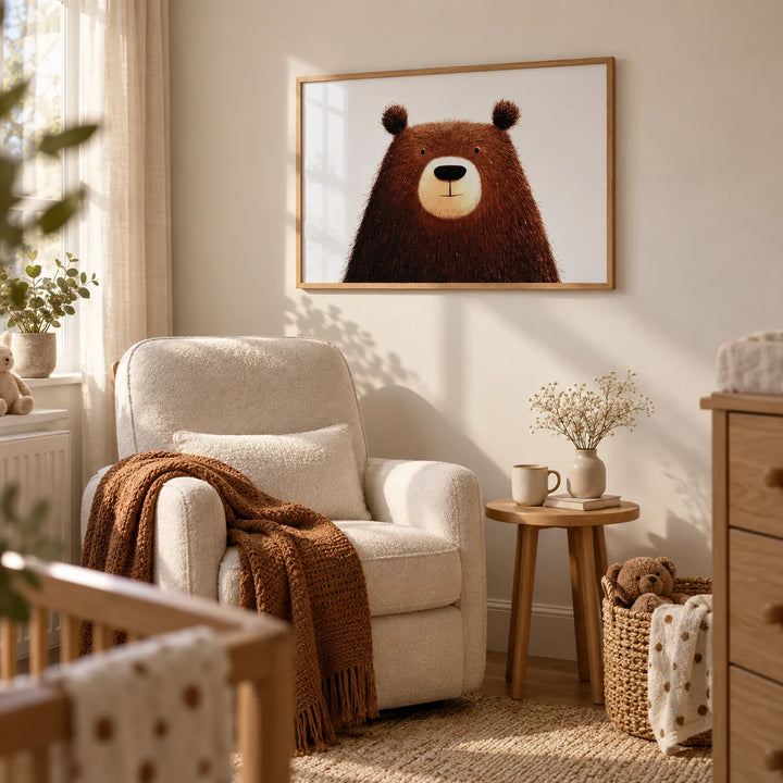 Cute Bear Art Print, framed on the wall of a nursery feeding corner