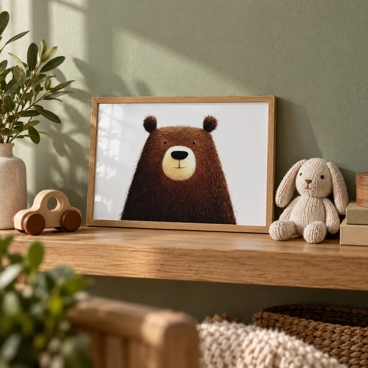 Cute Bear Art Print, a small A4 framed print leaning on a low oak shelf in a living room
