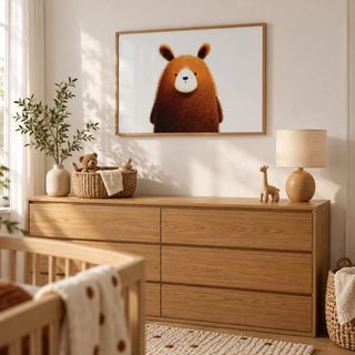 Cute Bear Print, framed on the wall of a calm nursery with a white wall