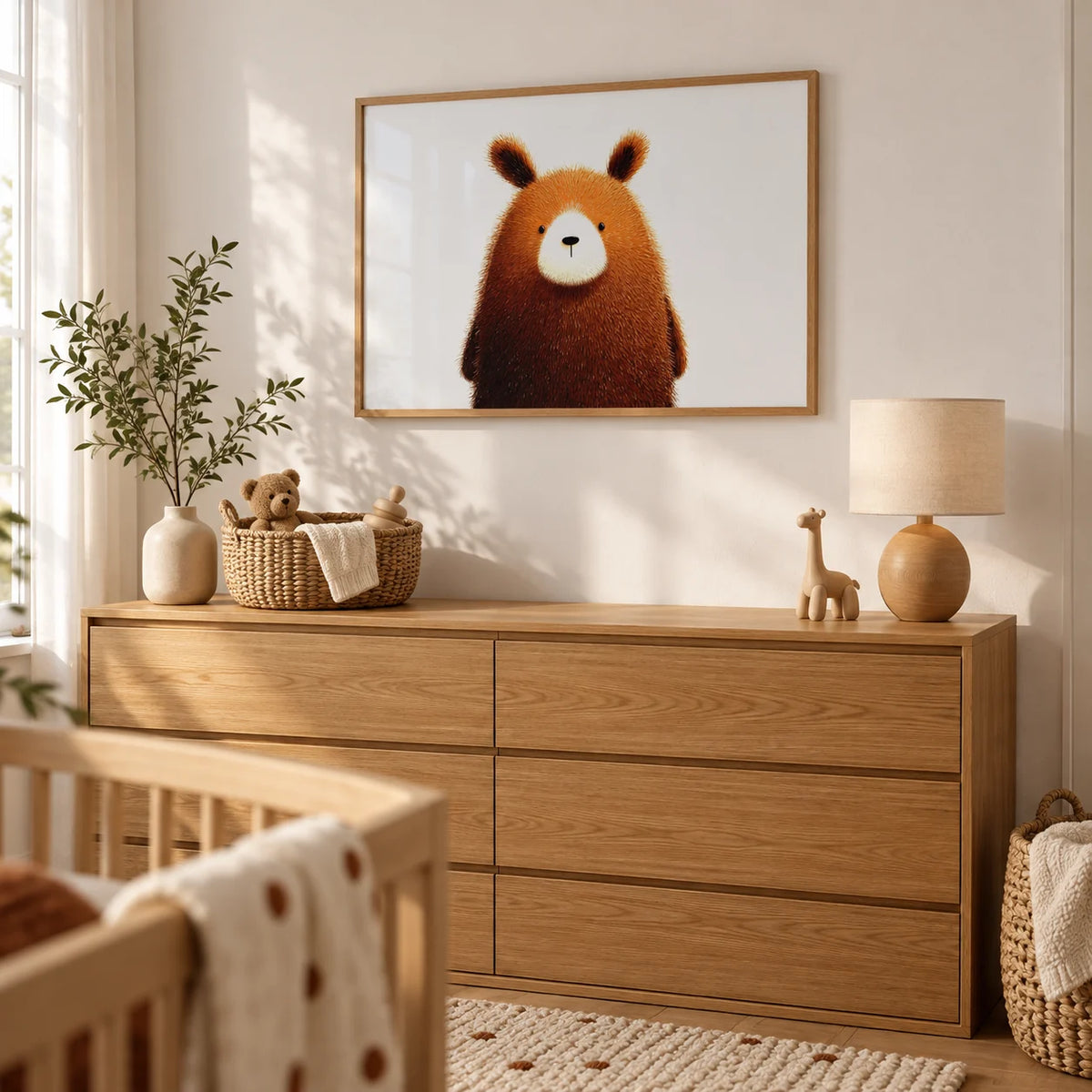 Cute Bear Print, framed on the wall of a calm nursery with a white wall