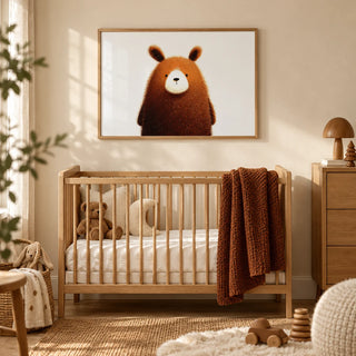 Cute Bear Print, framed on the wall of a calm woodland nursery with a warm cream wall