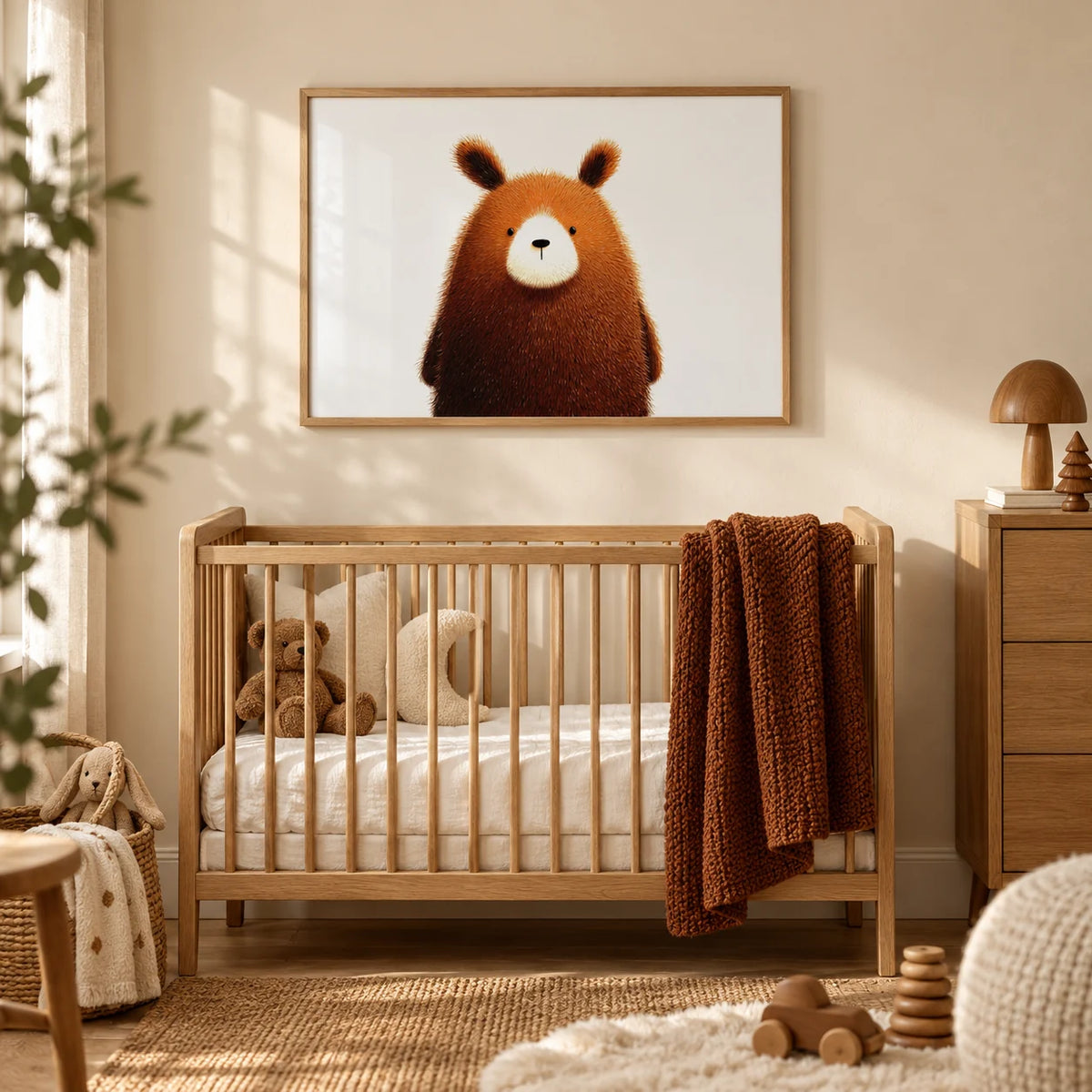 Cute Bear Print, framed on the wall of a calm woodland nursery with a warm cream wall