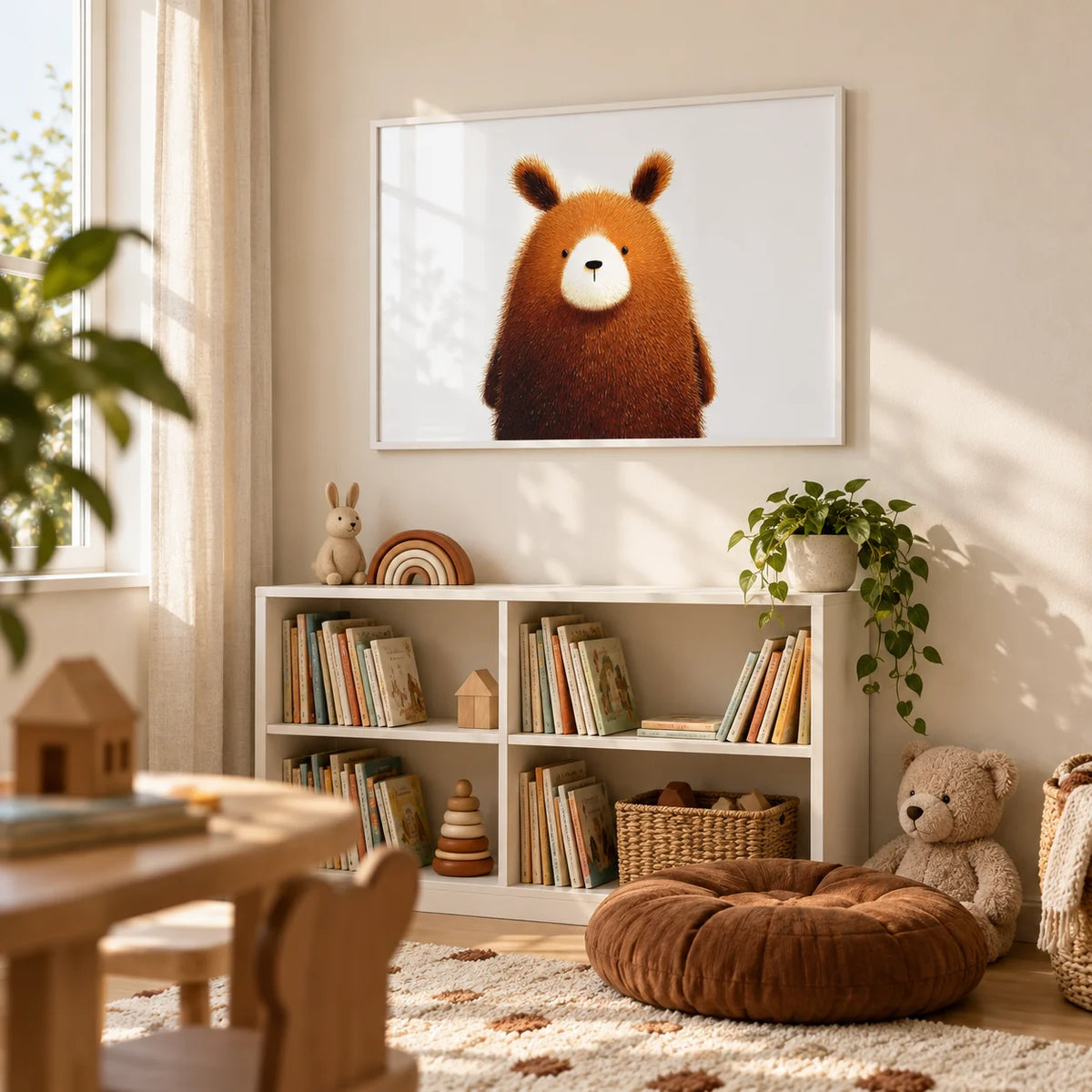 Cute Bear Print, framed on the wall of a child's reading nook with a cream wall
