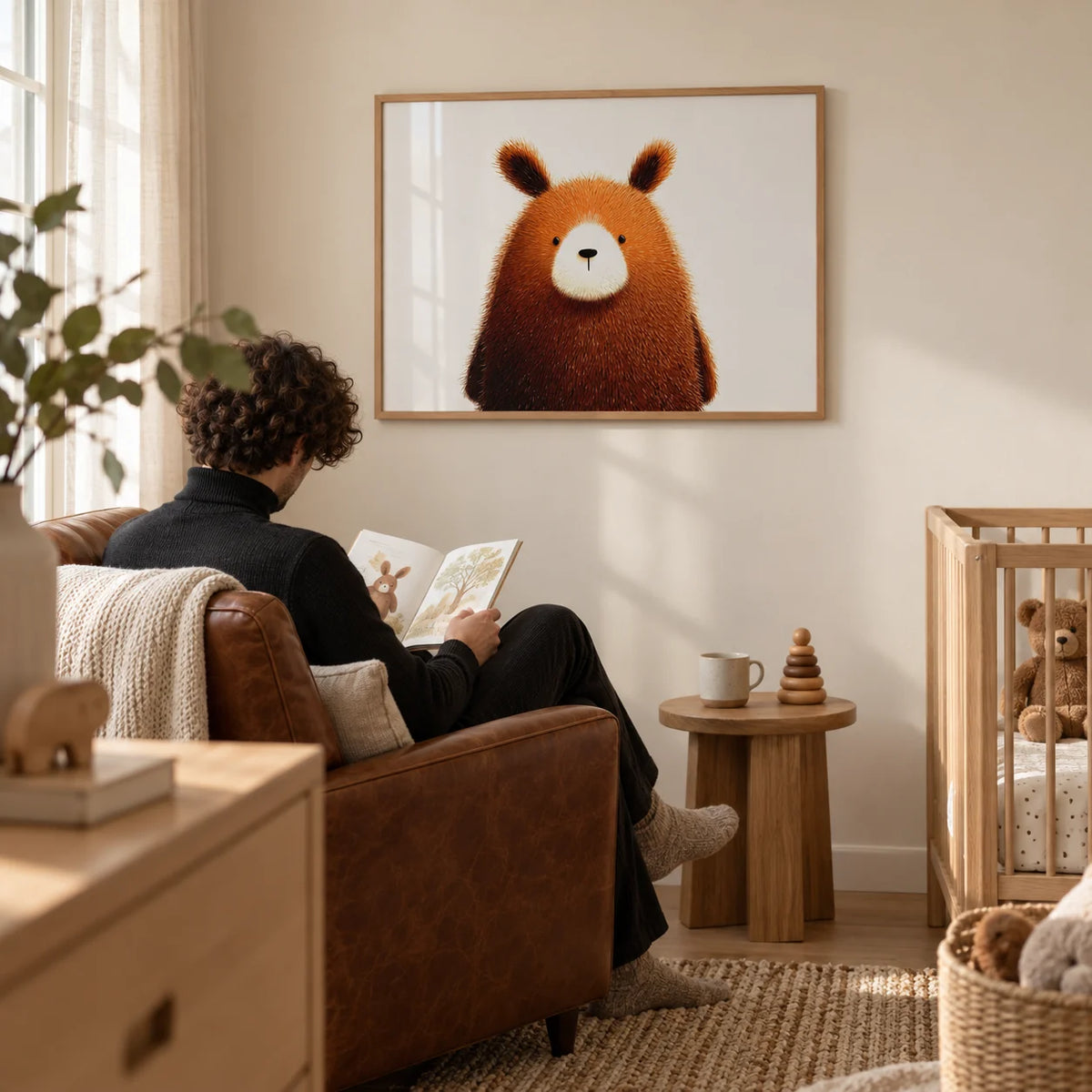 Cute Bear Print, framed on the wall of a nursery corner with a pale cream wall