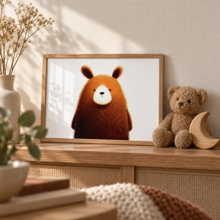 Cute Bear Print, a small A4 framed print leaning on an oak shelf in a living room