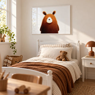Cute Bear Print, framed on the wall of a young child's bedroom with a soft white wall
