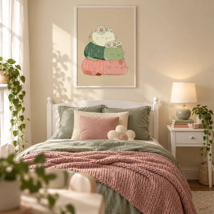 Cute Cat Art Print, framed on the wall of a pretty single bedroom for a teenage girl (13-17)