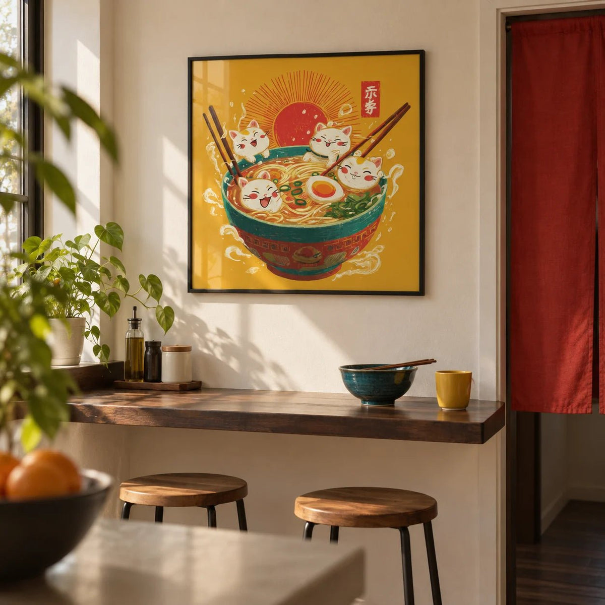 Cute Cat Print, framed on the wall of a first-flat kitchen breakfast bar in a ramen-bar style