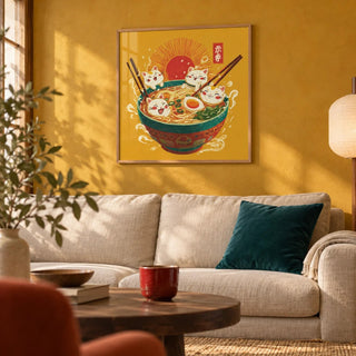 Cute Cat Print, framed on the wall of a warm living room with a mustard limewashed wall