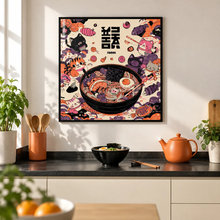 Cat Ramen Print, framed on the wall of a bright modern kitchen with plain cream cabinets and a white wall