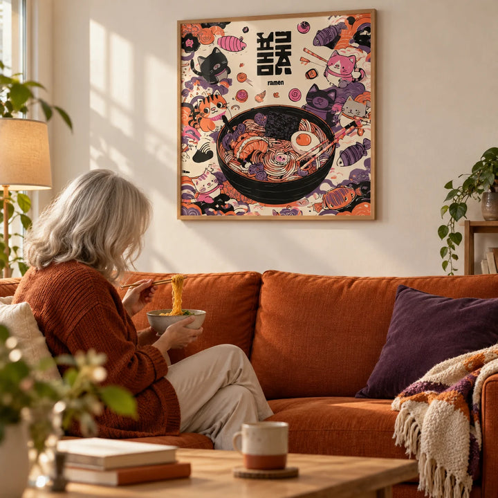 Cat Ramen Print, framed on the wall of a cosy first-flat living room (20-28) with a white wall