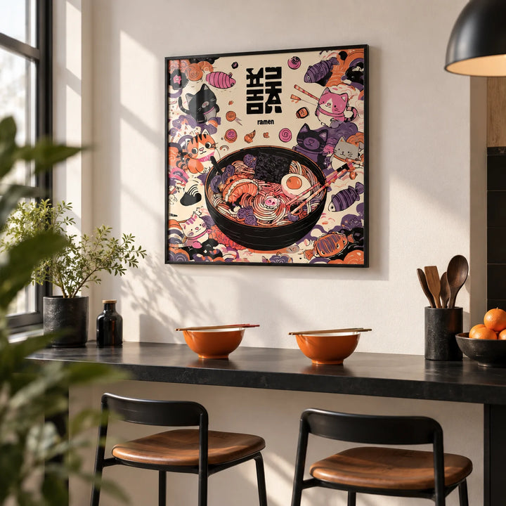 Cat Ramen Print, framed on the wall of a modern breakfast bar with a white wall in a kitchen