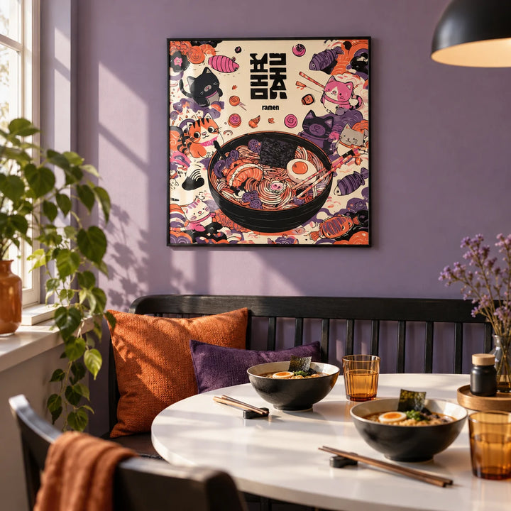 Cat Ramen Print, framed on the wall of a playful dining nook with a plain soft purple painted wall