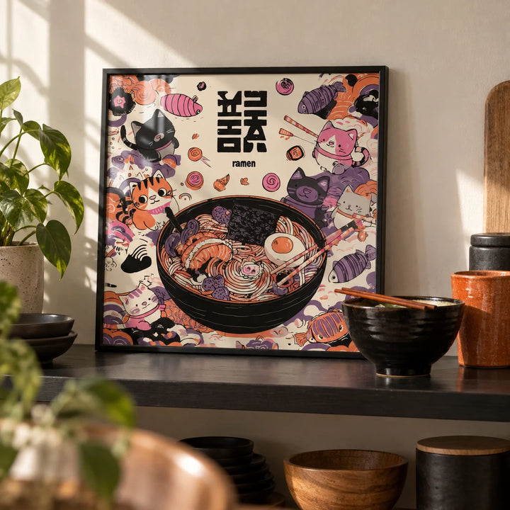 Cat Ramen Print, a small A4 framed print leaning on a black kitchen shelf