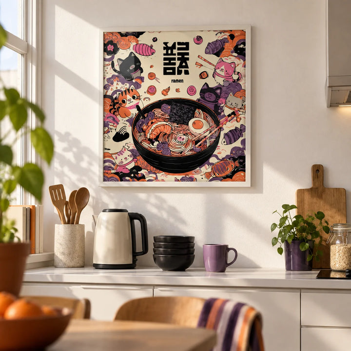 Cat Ramen Print, framed on the wall of a tidy student flat kitchen (18-22) with a white wall