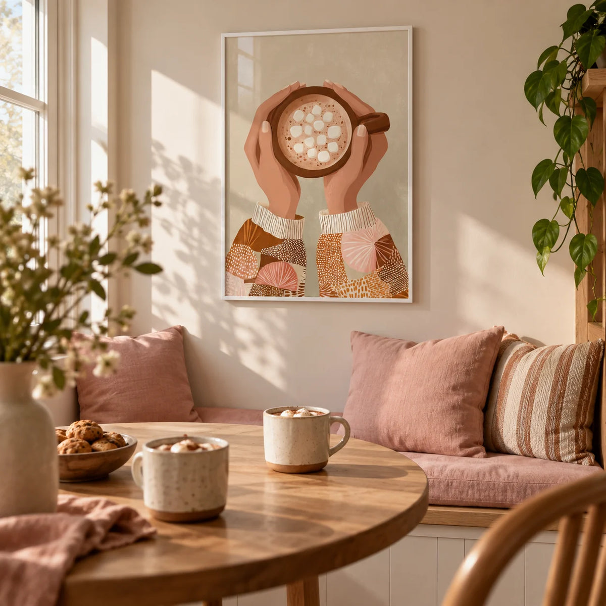 Cute Coffee Art Print, framed on the wall of a cosy breakfast nook in a kitchen