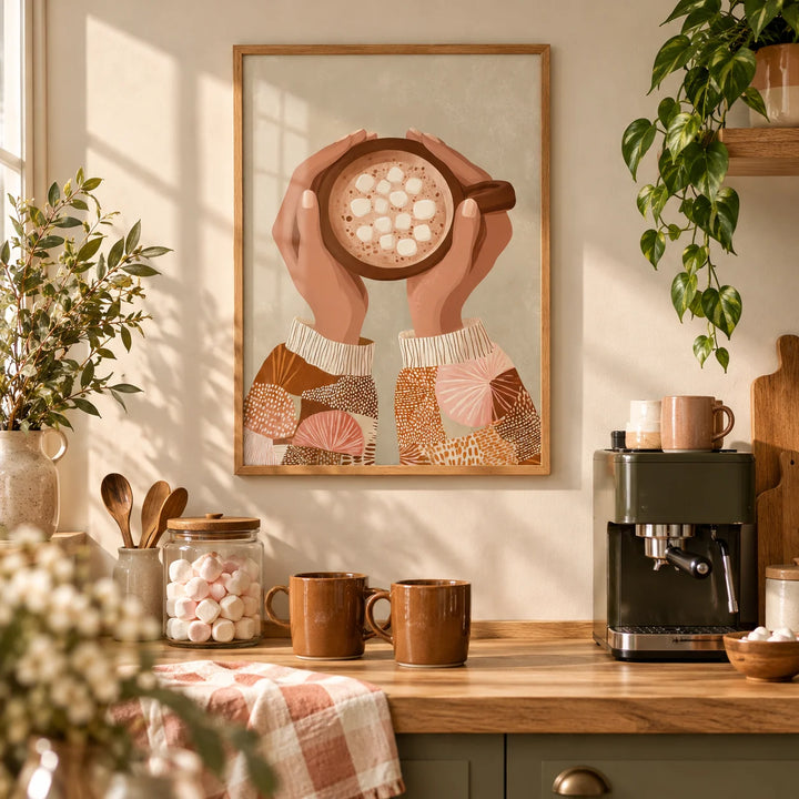 Cute Coffee Art Print, framed on the wall of a cosy kitchen coffee corner