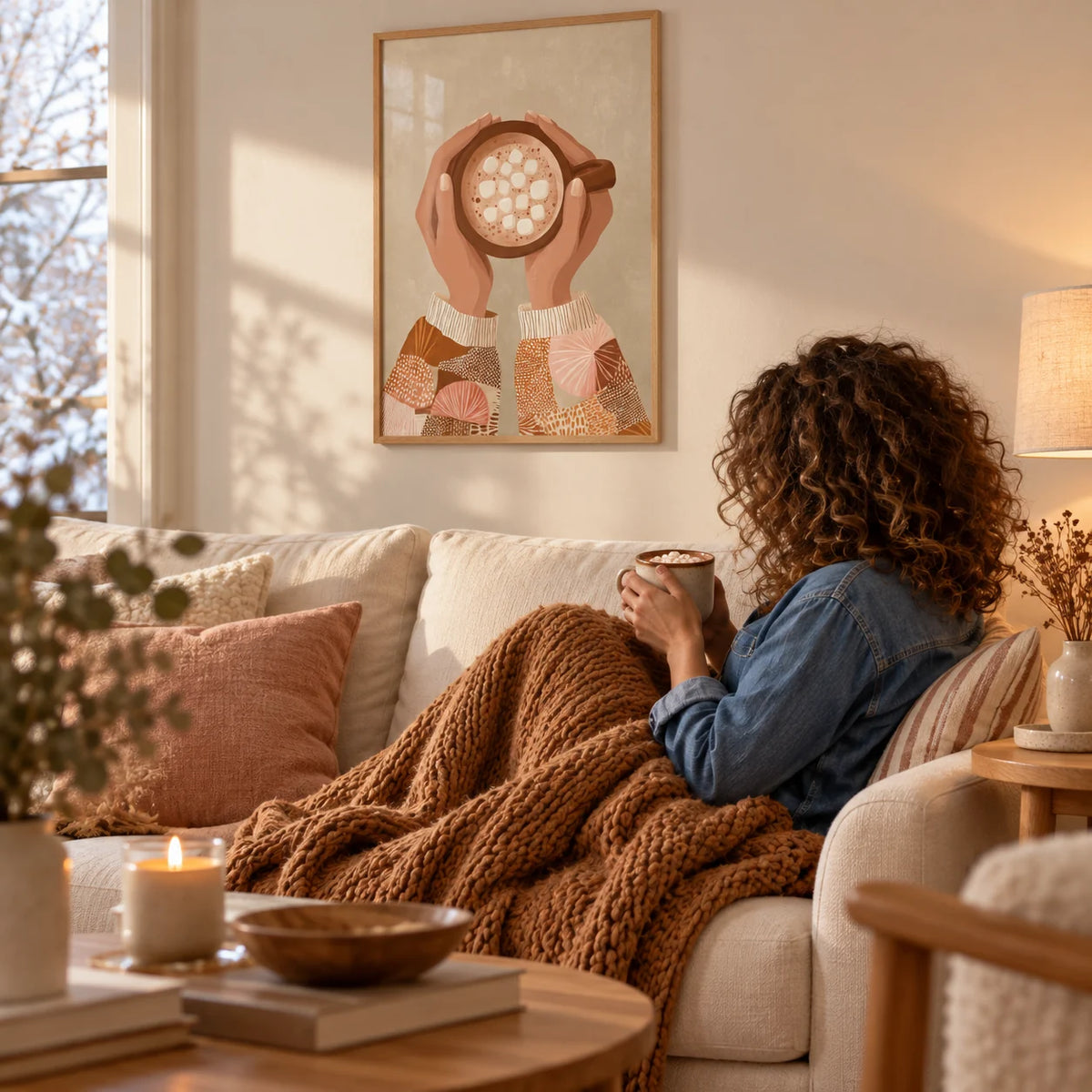 Cute Coffee Art Print, framed on the wall of a cosy living room on a winter afternoon