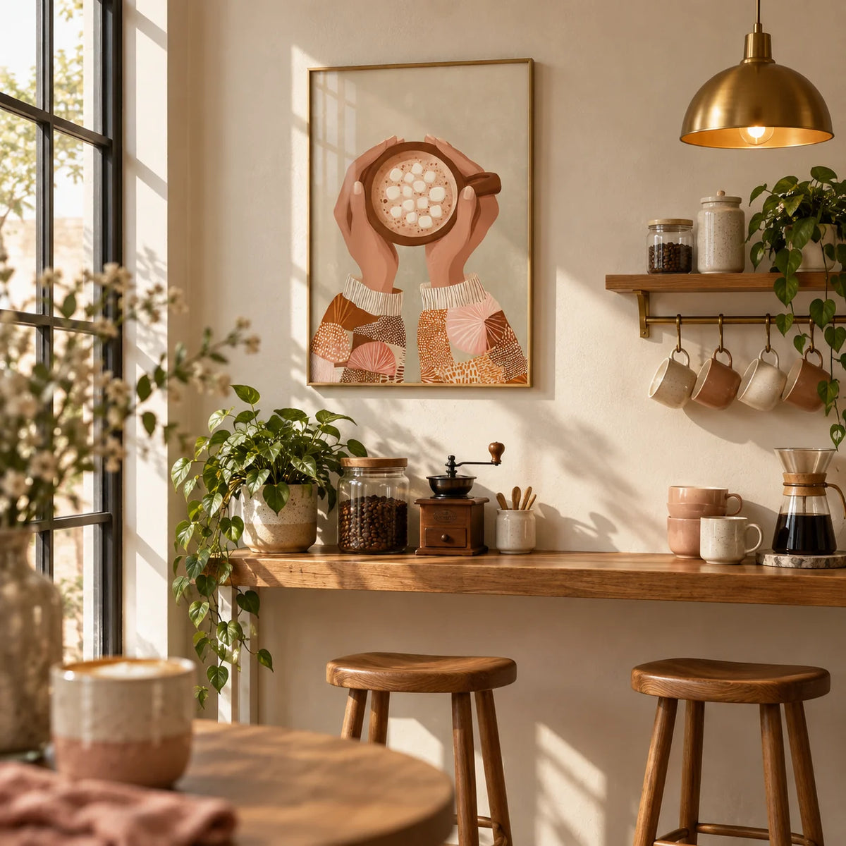 Cute Coffee Art Print, framed on the wall of a home café corner in a kitchen