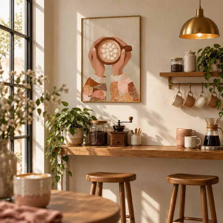 Cute Coffee Art Print, framed on the wall of a home café corner in a kitchen