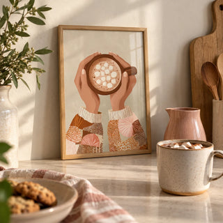 Cute Coffee Art Print, a small A4 framed print leaning on a worktop in a kitchen