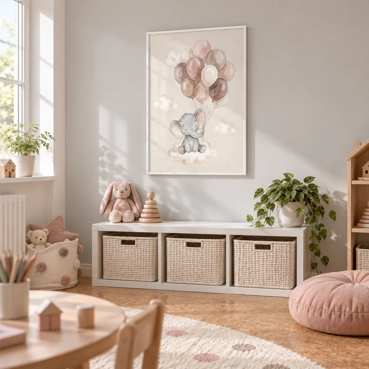 Moon And Sun Print, framed on the wall of a bright dedicated playroom in a UK family home with a pale grey wall and a cork floor
