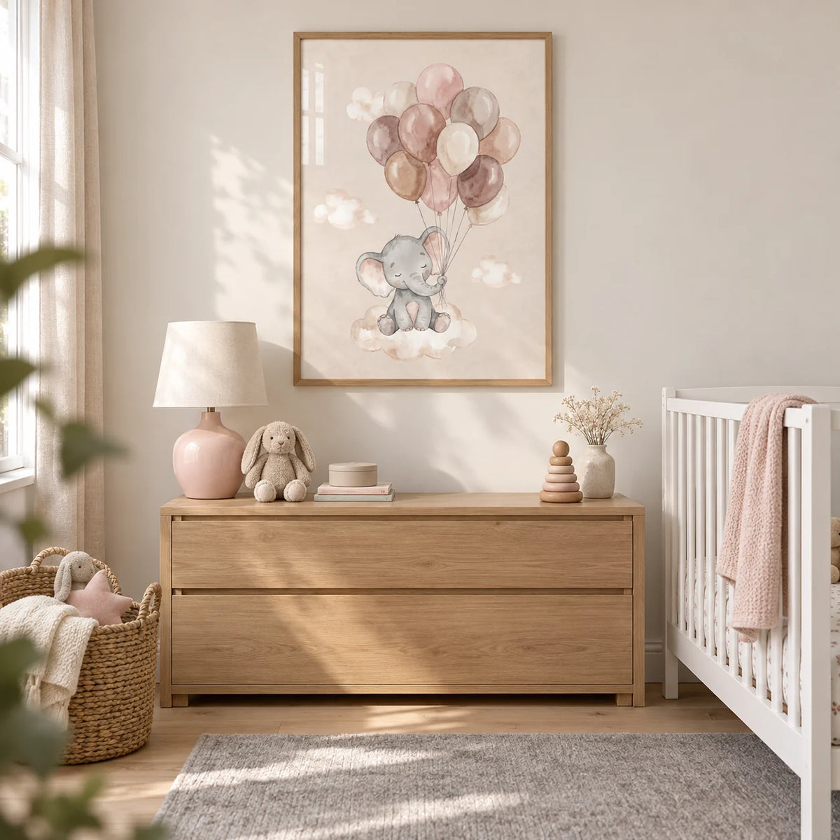 Moon And Sun Print, framed on the wall of a calm Scandi nursery in a UK family home with cream walls and pale oak floorboards