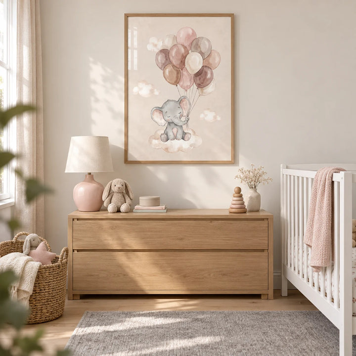 Moon And Sun Print, framed on the wall of a calm Scandi nursery in a UK family home with cream walls and pale oak floorboards