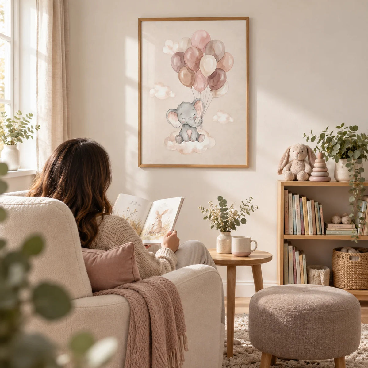 Moon And Sun Print, framed on the wall of a cosy nursery reading corner in a UK family home with a warm white wall