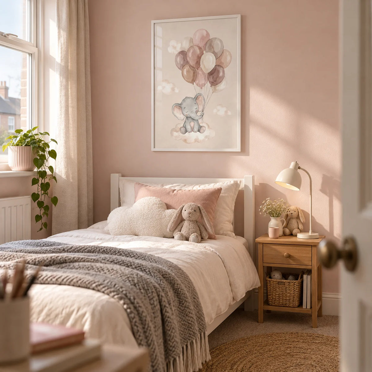 Moon And Sun Print, framed on the wall of a gentle young child’s single bedroom in a UK terraced house with pale blush walls