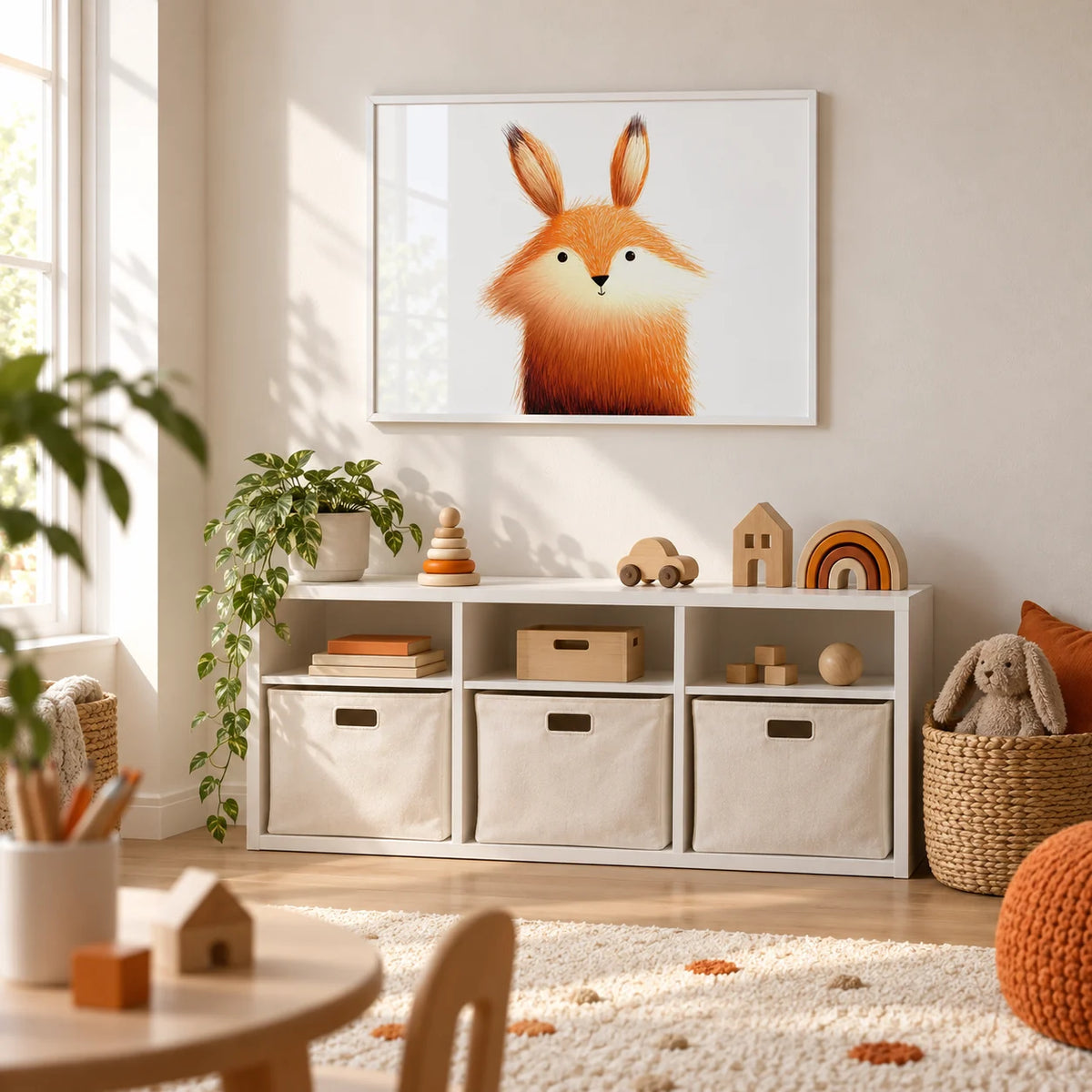 Cute Fox Poster, framed on the wall of a bright playroom