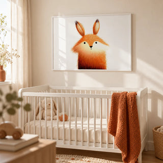 Cute Fox Poster, framed on the wall of a calm nursery with a warm white wall