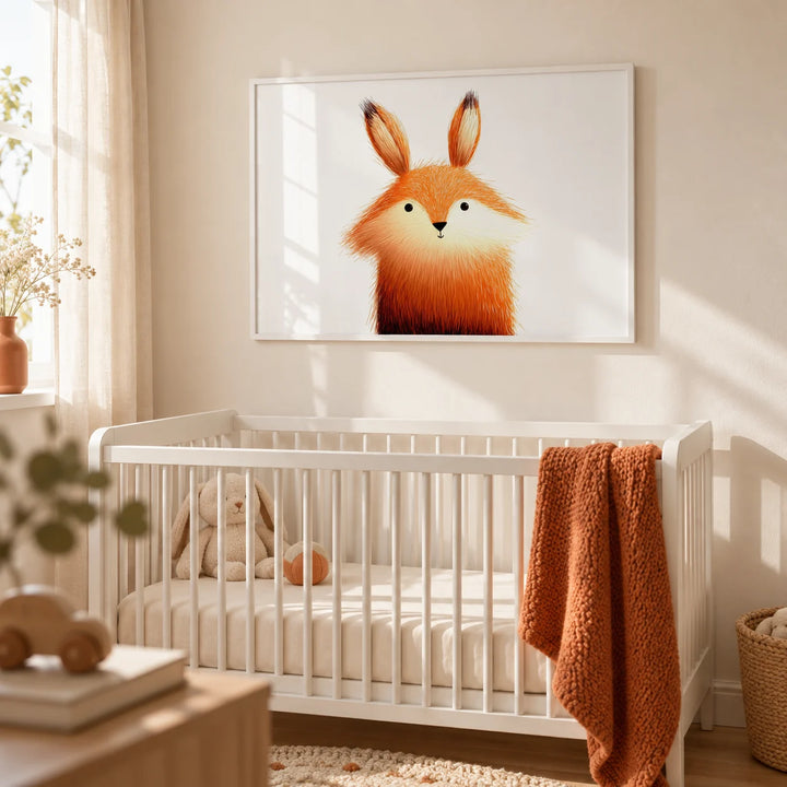 Cute Fox Poster, framed on the wall of a calm nursery with a warm white wall