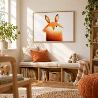Cute Fox Poster, framed on the wall of a children's reading corner