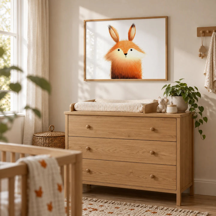 Cute Fox Poster, framed on the wall of a nursery corner
