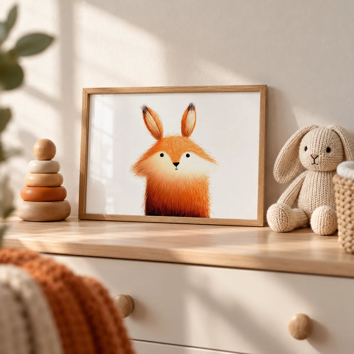 Cute Fox Poster, a small A4 framed print leaning on a shelf in a nursery
