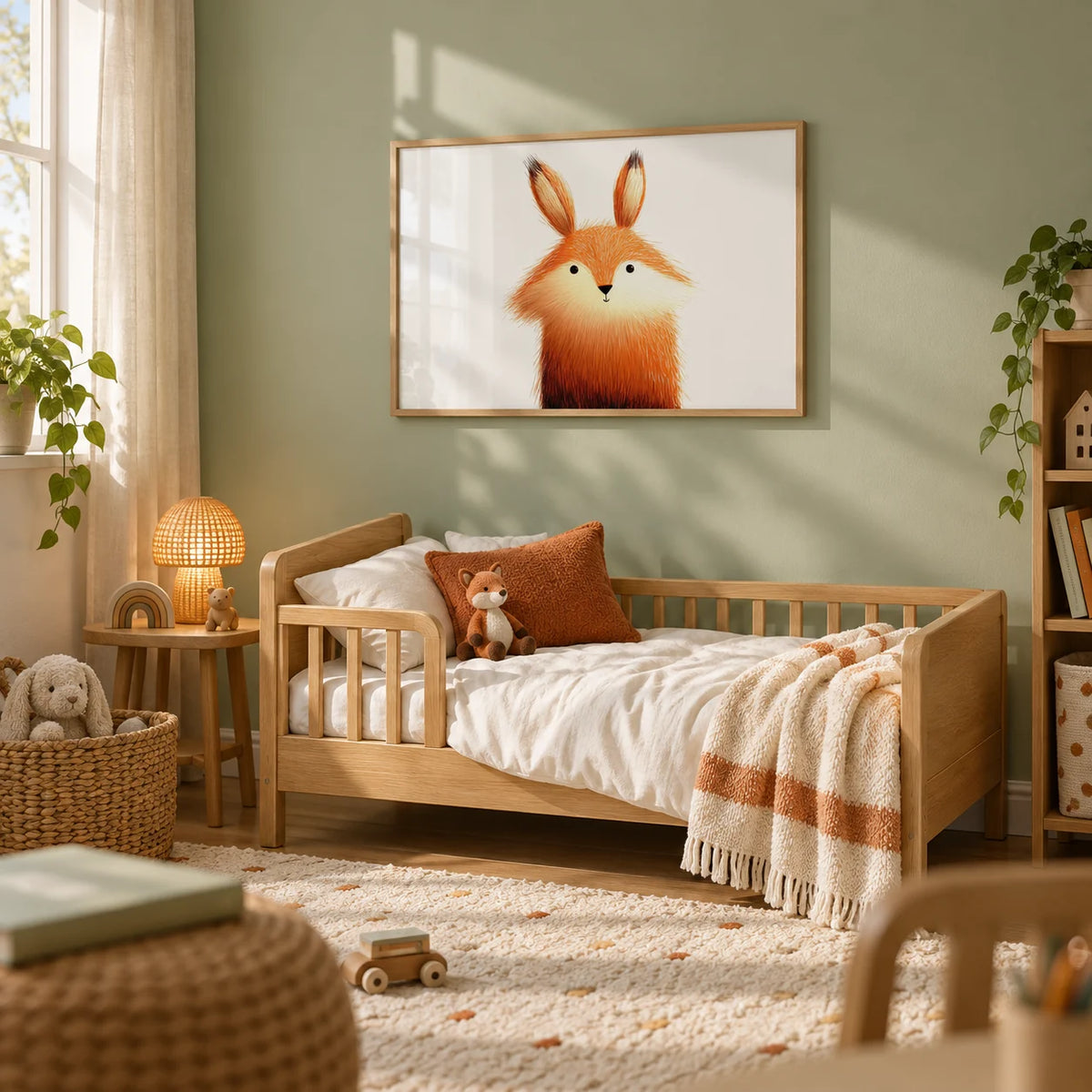 Cute Fox Poster, framed on the wall of a toddler's bedroom with a soft sage wall